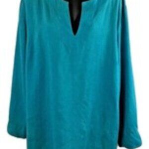 RALPH LAUREN Women Blue Y-Neck Long Roll-Button Sleeve Tunic Top Size 3X